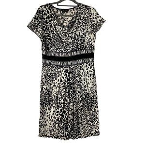 Max and Cleo Black White Geometric Dress Women Large Short Sleeves Draped Neck
